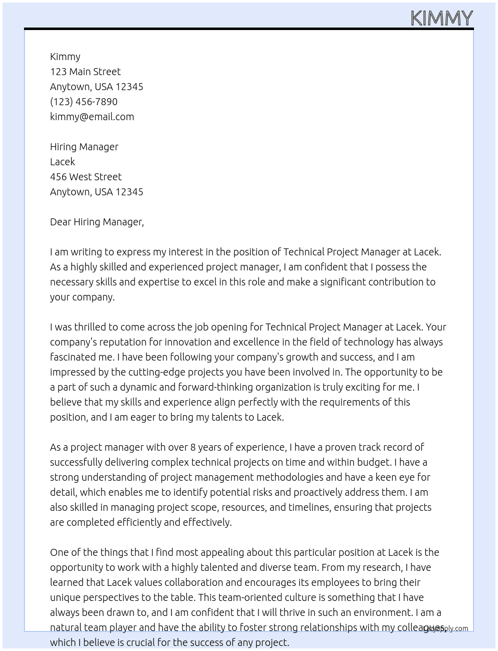 Technical Project Manager At Lacek Cover Letter