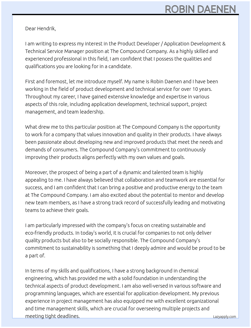 Product Developer / Application Development & Technical Service Manager At The compound company Cover Letter
