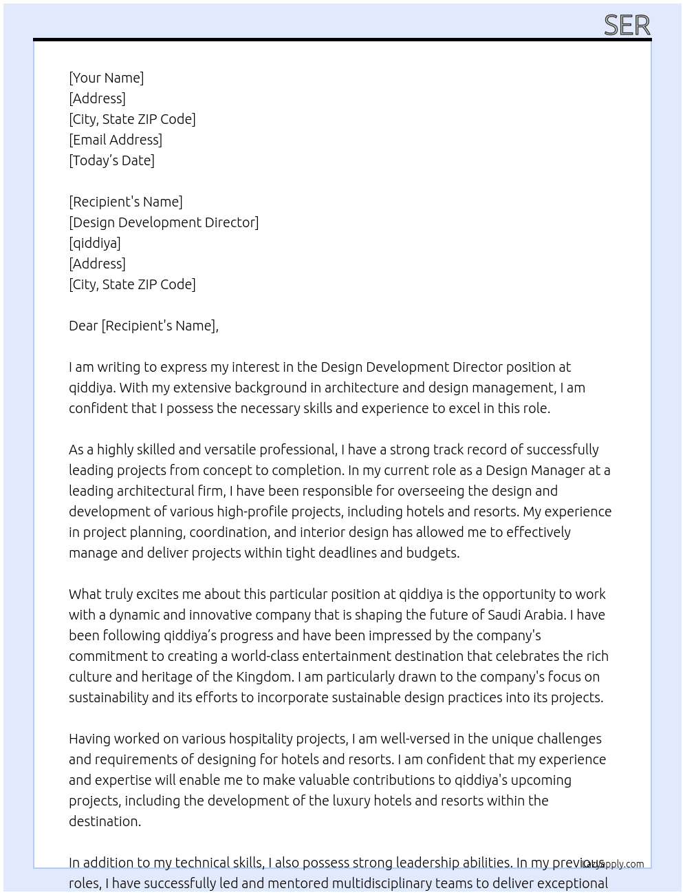 Design Development Director At qiddiya Cover Letter