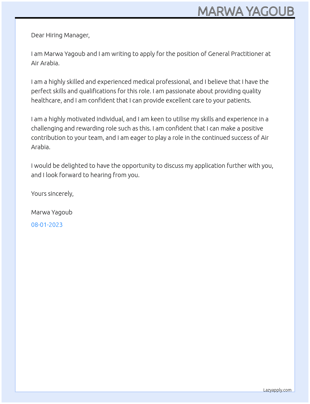 General practitioner  At Air Arabia  Cover Letter