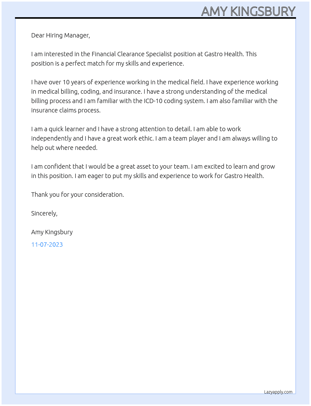 Financial Clearance Specialist At Gastro Health Cover Letter