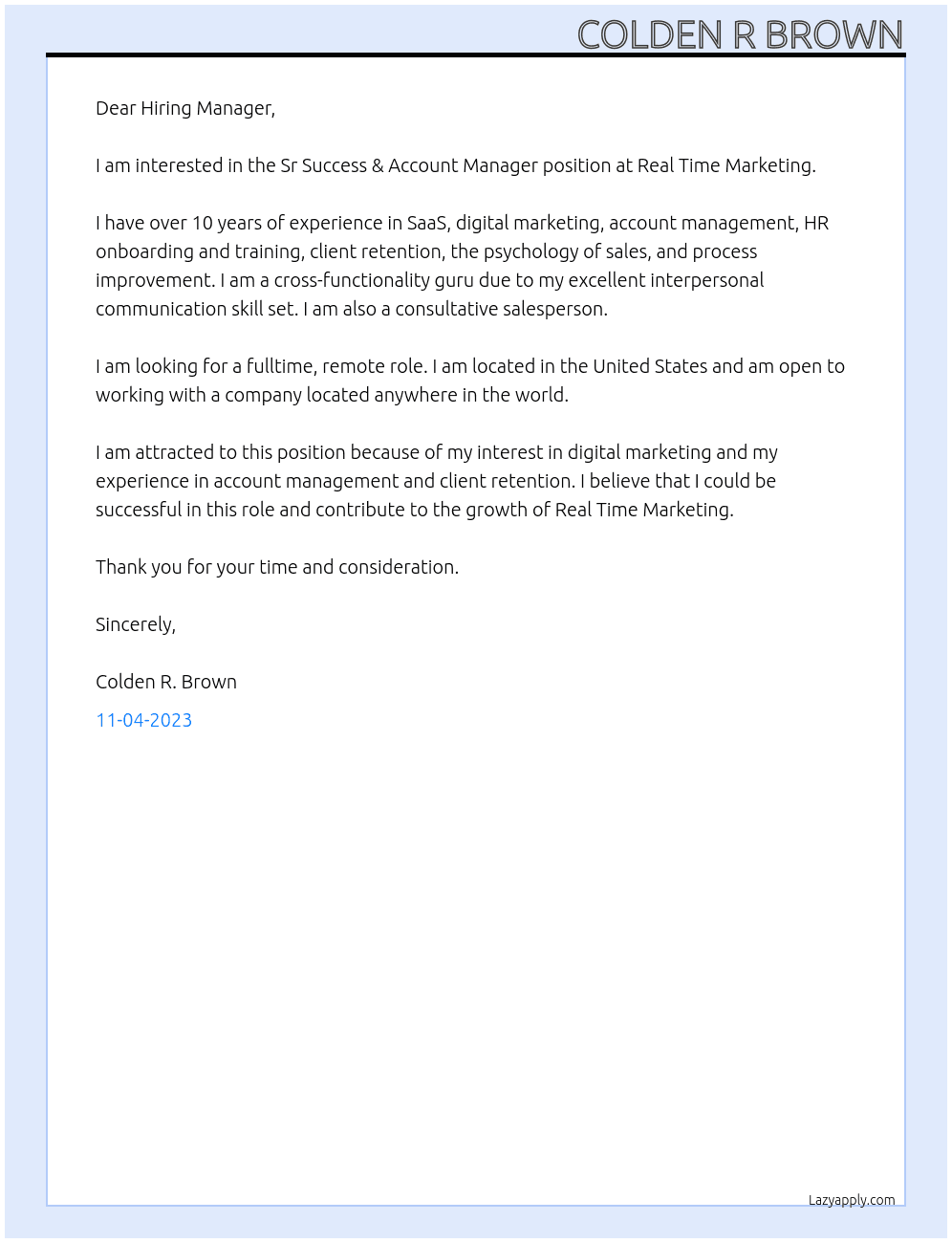 Sr Success & Account Manager At Real Time Marketing  Cover Letter