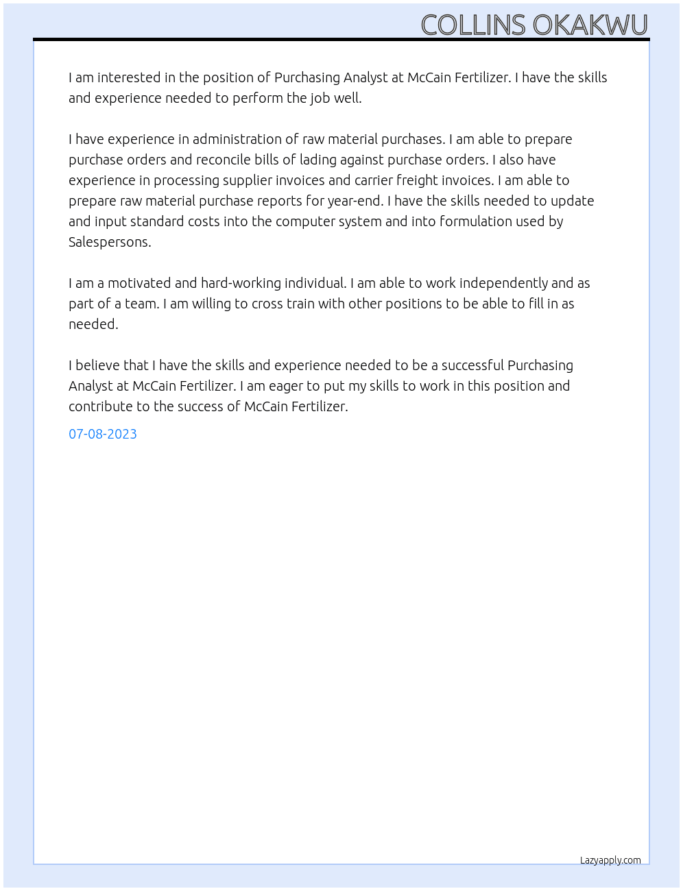 Purchasing Analyst At McCain Fertilizer business Cover Letter