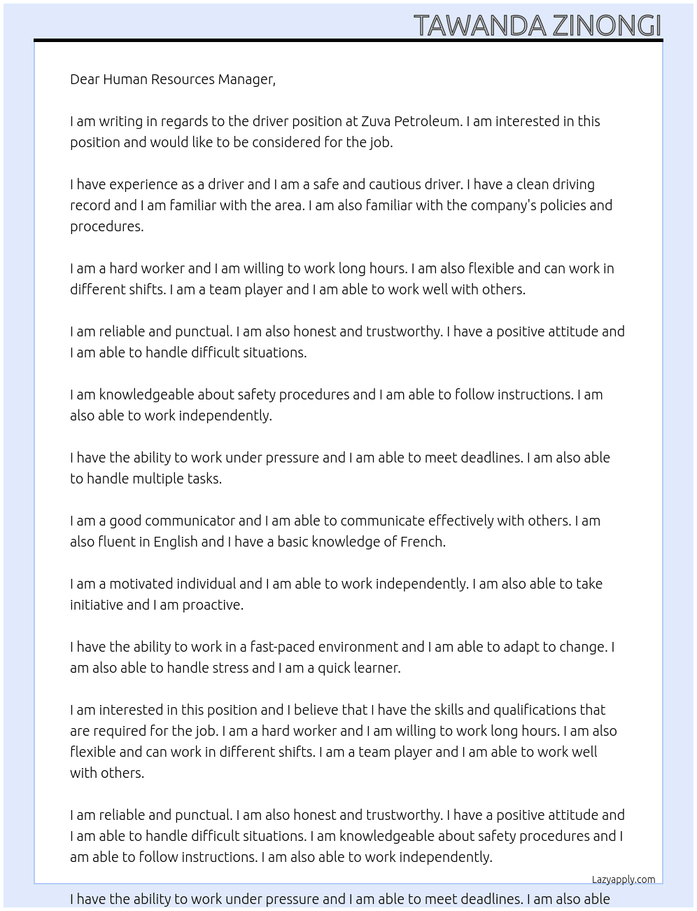 driver At Zuva Petroleum Cover Letter