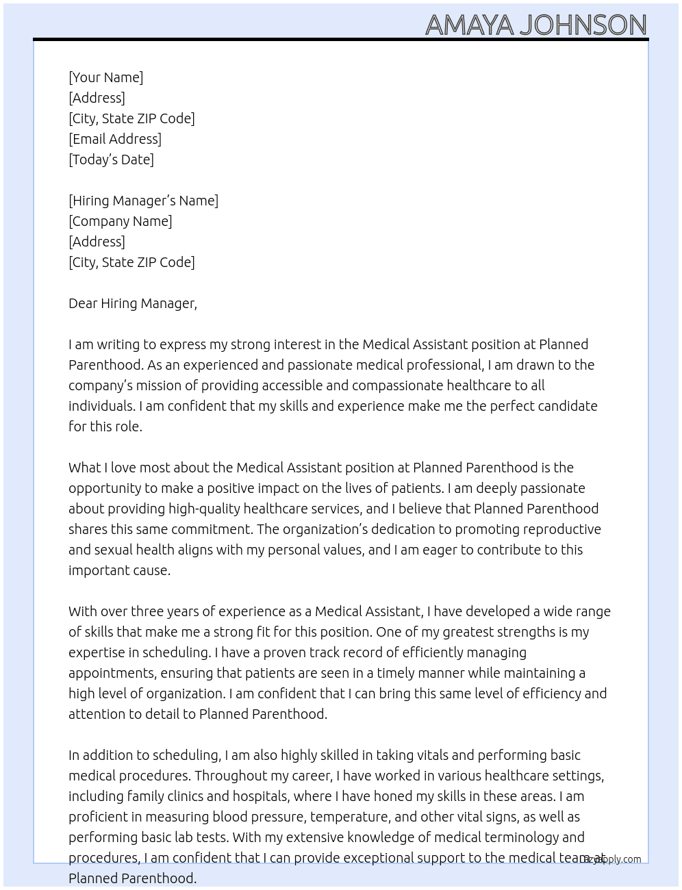 Medical Assistant  At Planned Parenthood  Cover Letter