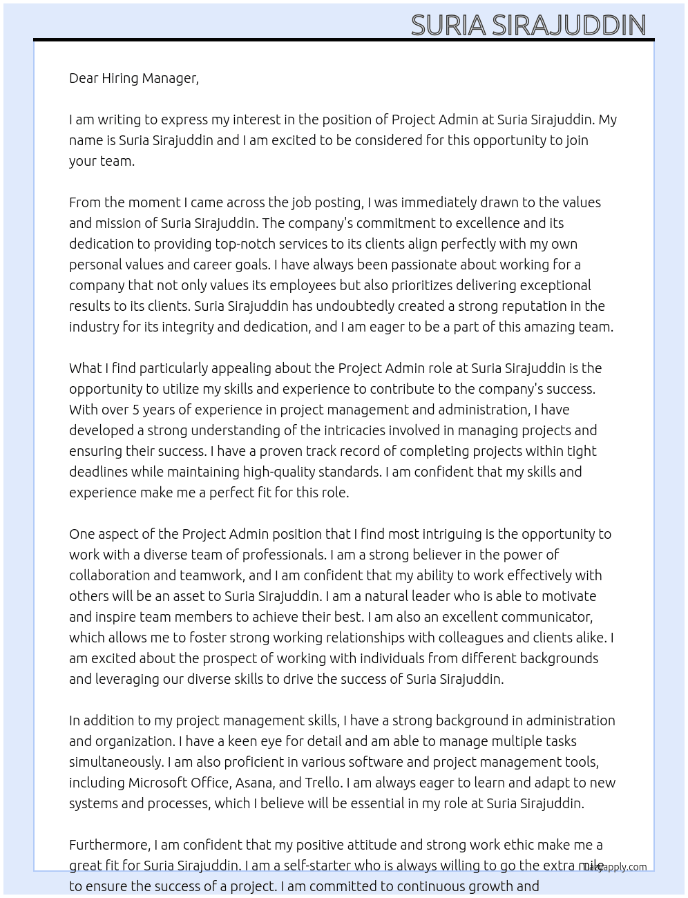 PROJECT ADMIN  At suria sirajuddin  Cover Letter