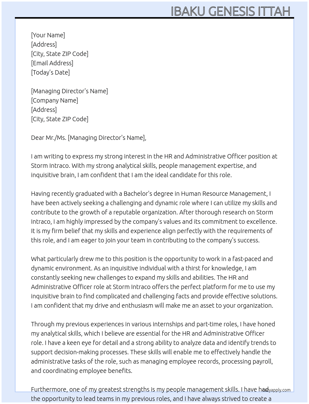 HR and Administrative Officer  At Storm Intraco Cover Letter