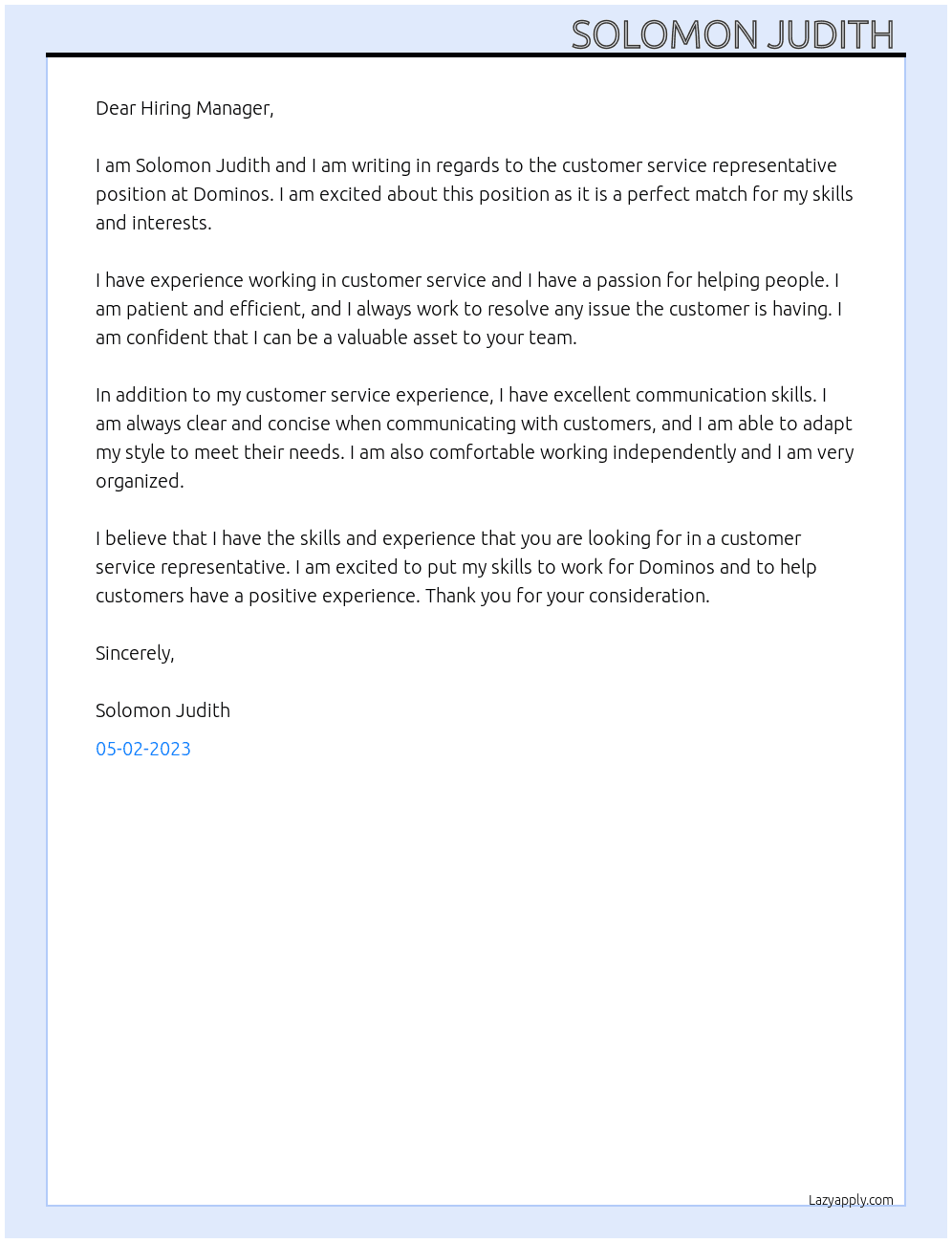  Customer service representative  At Dominos Cover Letter
