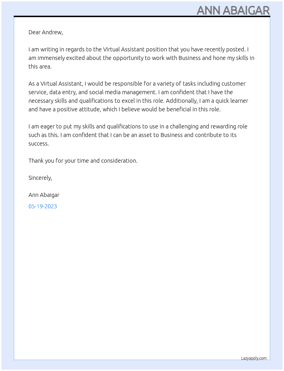 Virtual Assistant At business Cover Letter