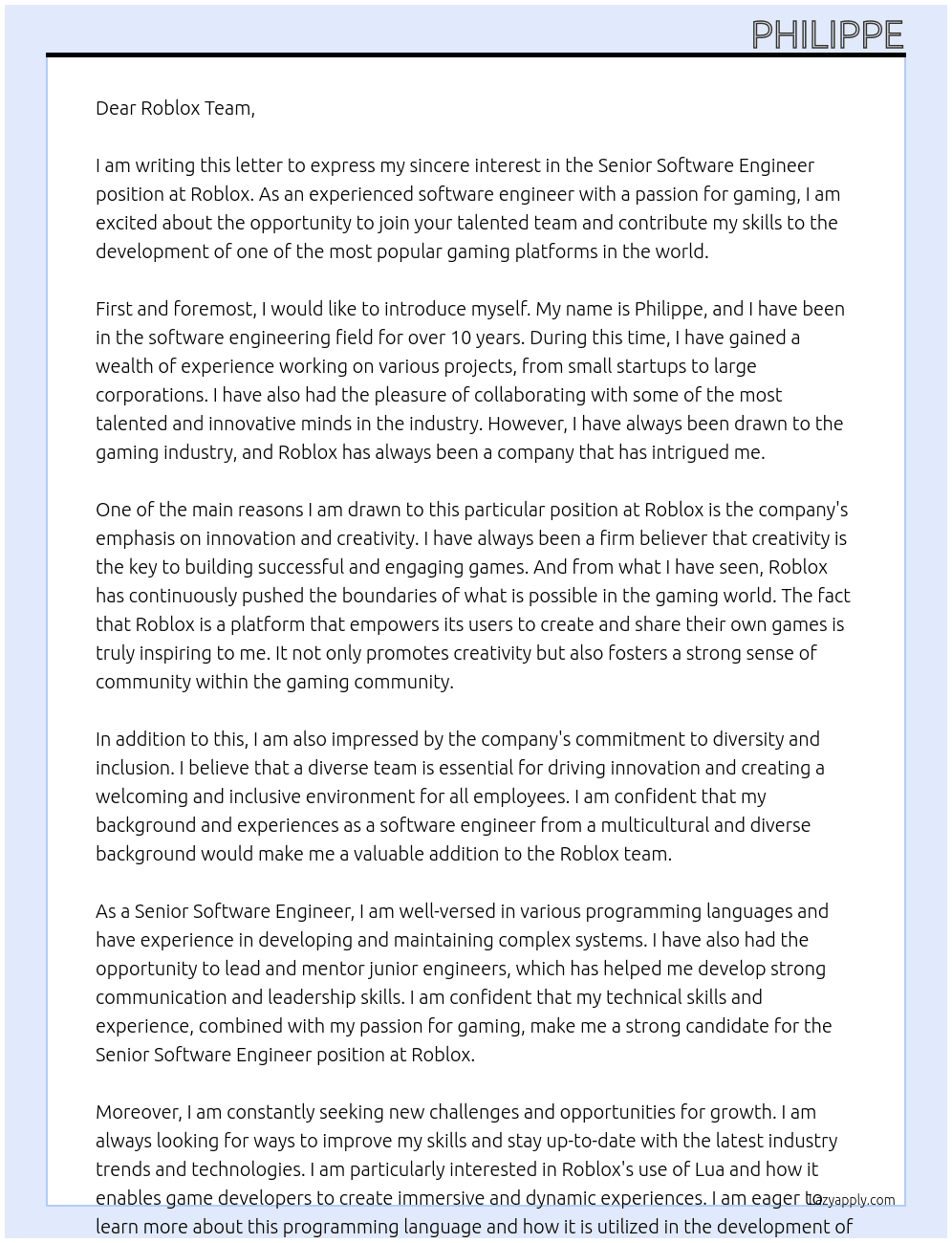 Senior Software Engineer At Roblox Cover Letter
