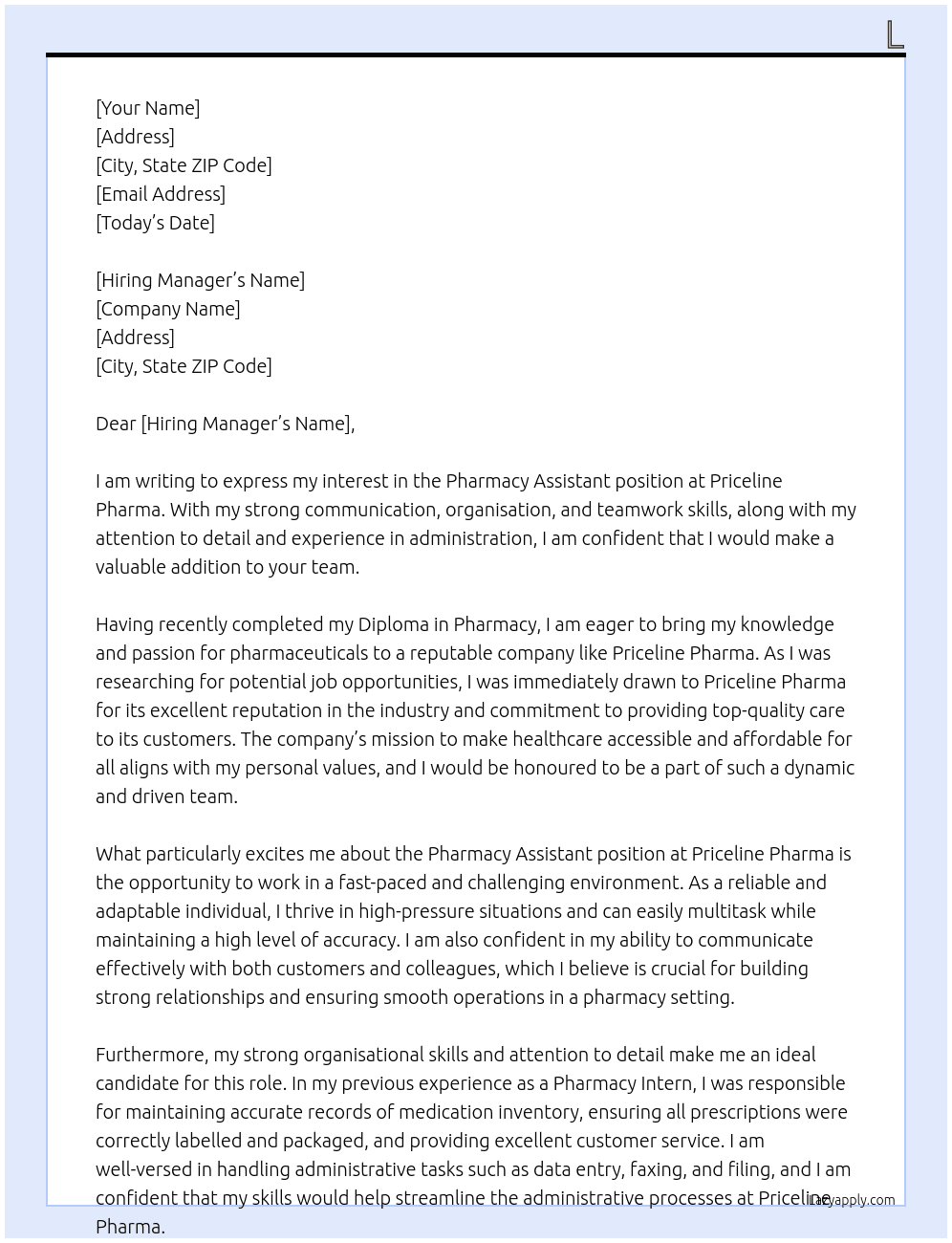 Pharmacy Assistant At priceline pharma Cover Letter