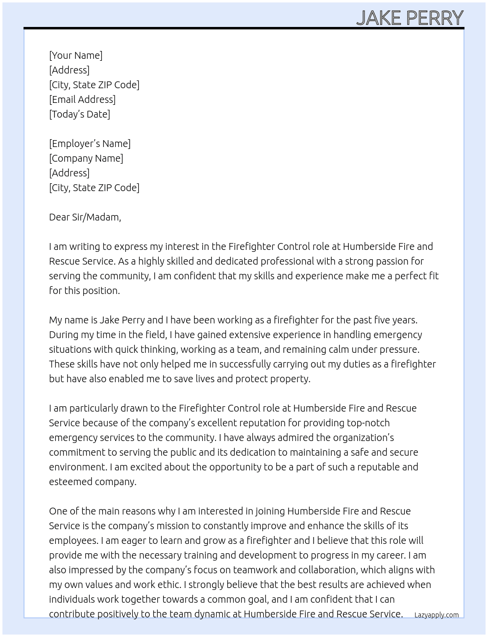 Firefighter control At Humberside fire and rescue service  Cover Letter