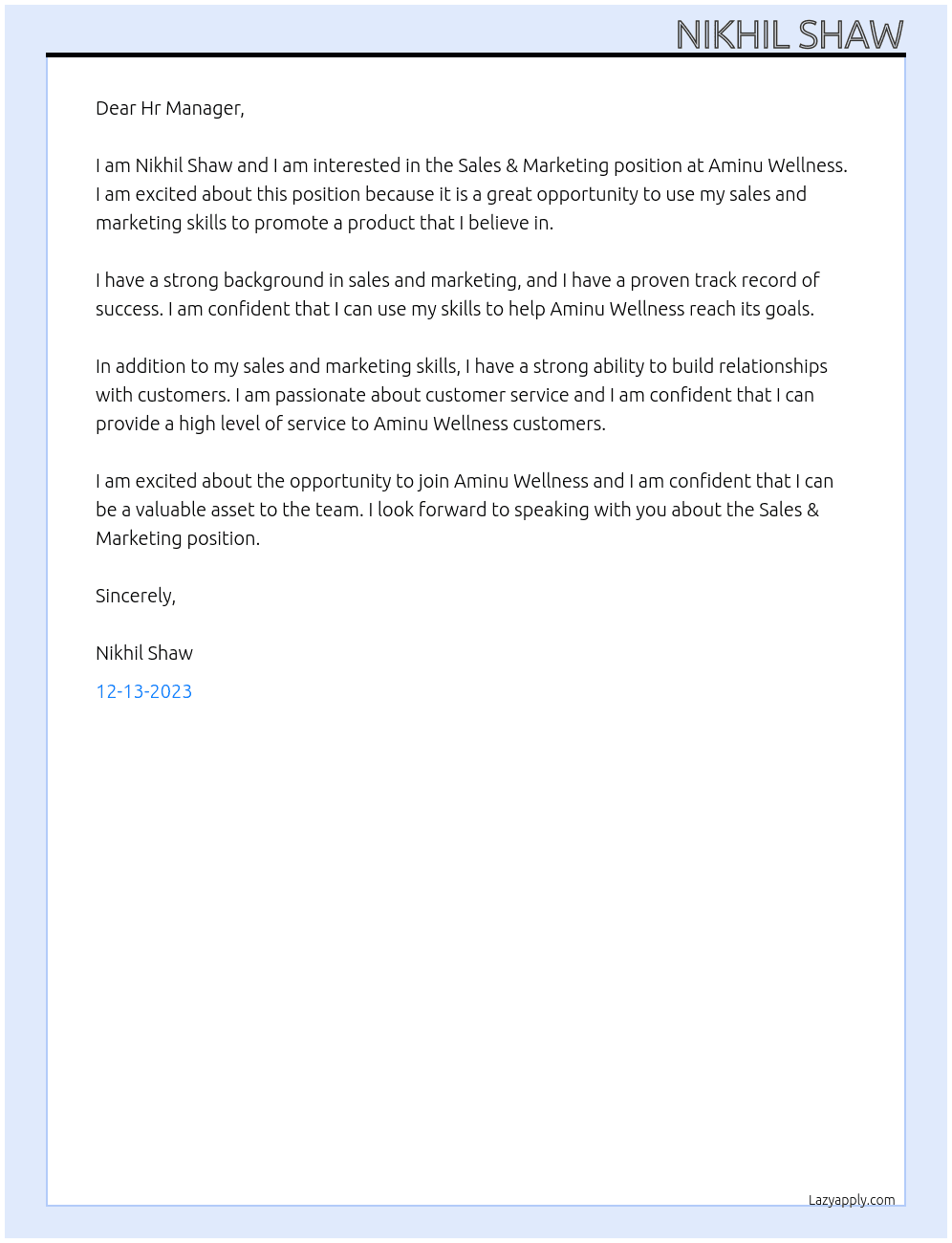 Sales & Marketing At Aminu Wellness Cover Letter