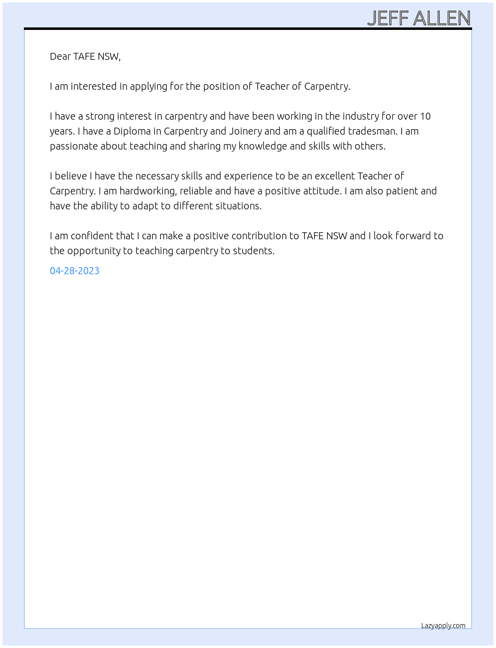 Teacher of Carpentry At TAFE NSW Cover Letter