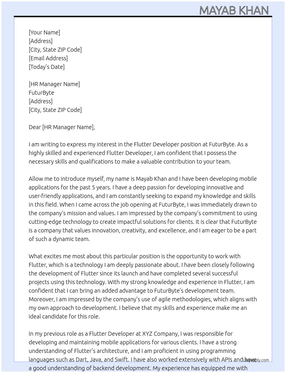 Flutter Developer At FuturByte Cover Letter