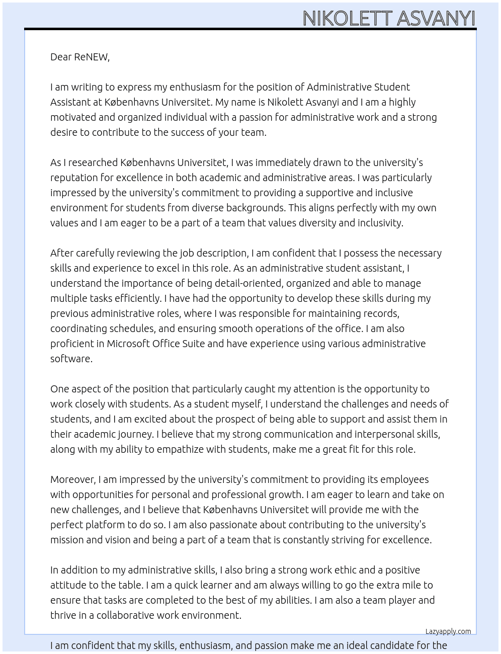 Administrative Student Assistant At Københavns Universitet Cover Letter