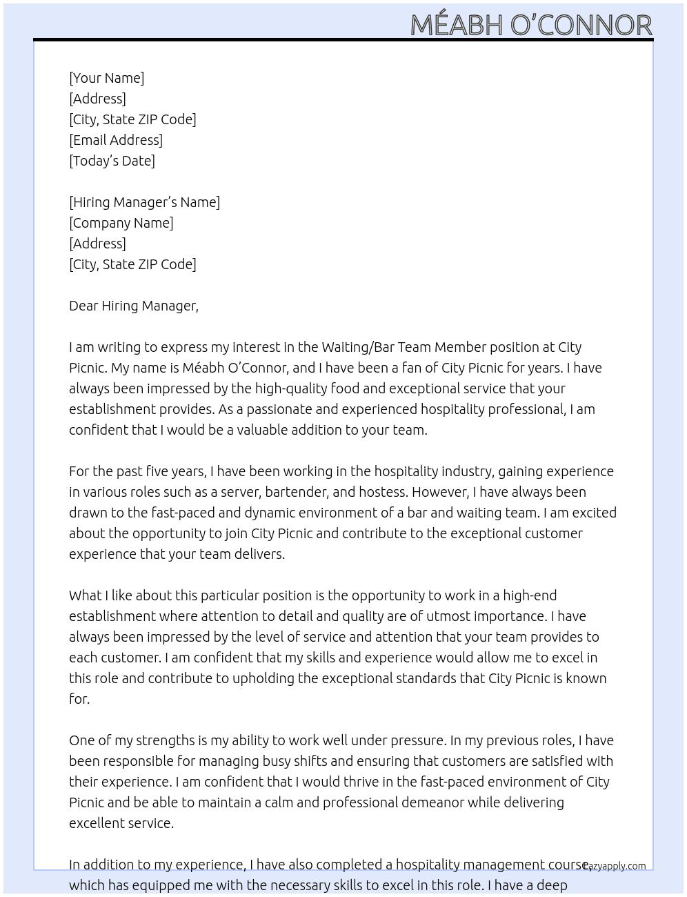 Waiting/Bar Team Member At City Picnic Cover Letter