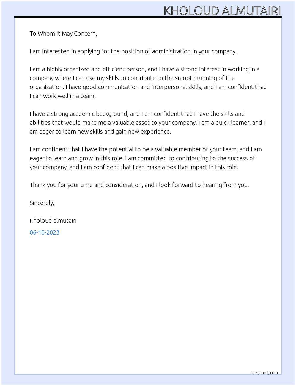 administration  At Aramco Cover Letter