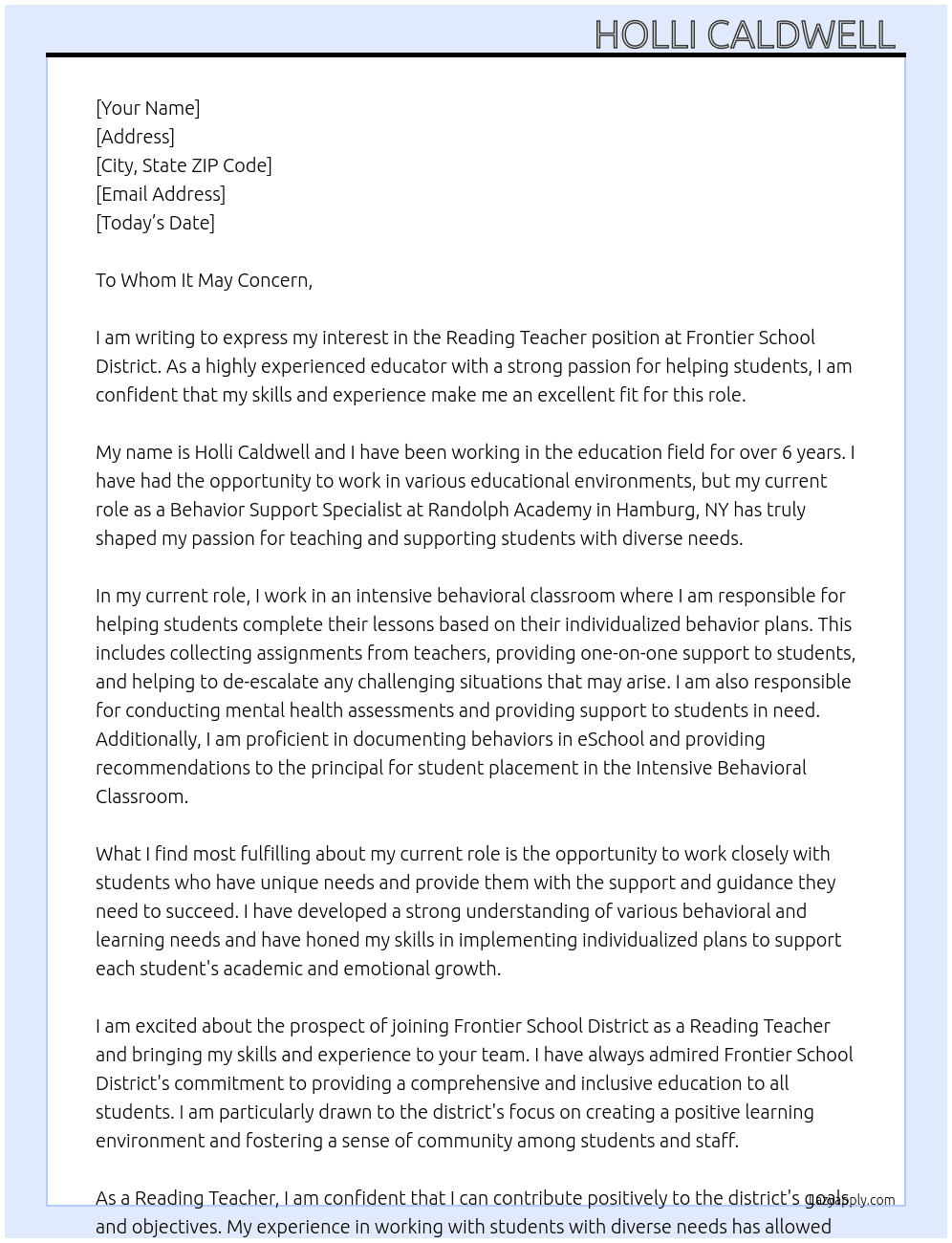 Reading Teacher  At Frontier school district  Cover Letter