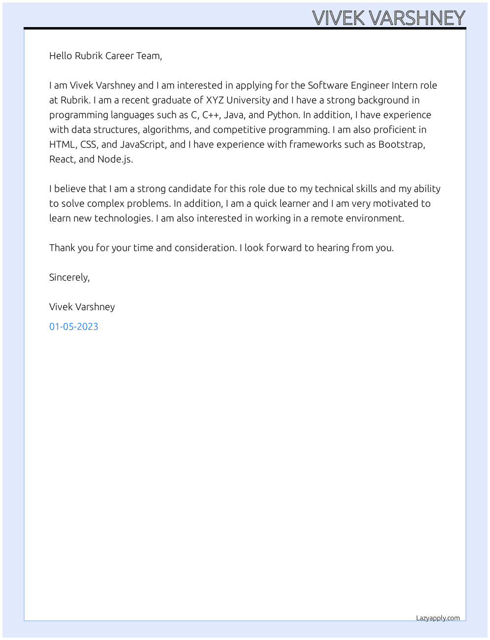 Software Engineer Intern At Rubrik Cover Letter