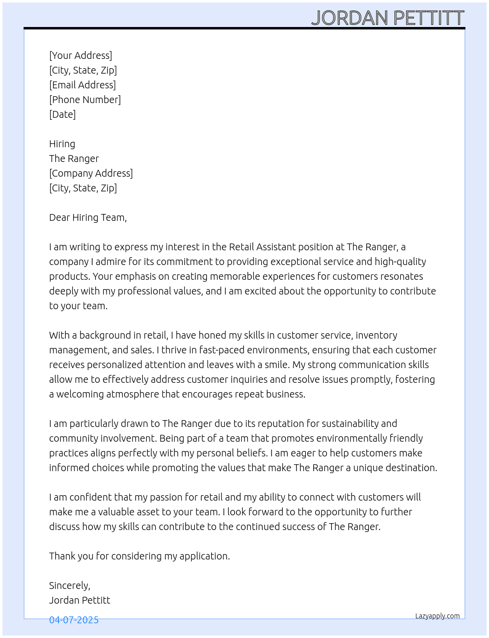 Retail Assistant At The Ranger Cover Letter