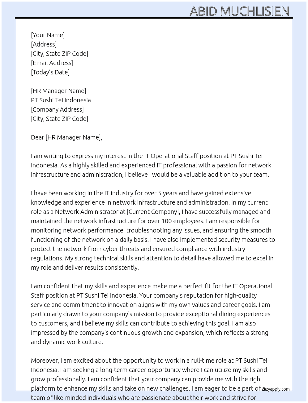 IT Operational Staff At PT Sushi Tei Indonesia Cover Letter