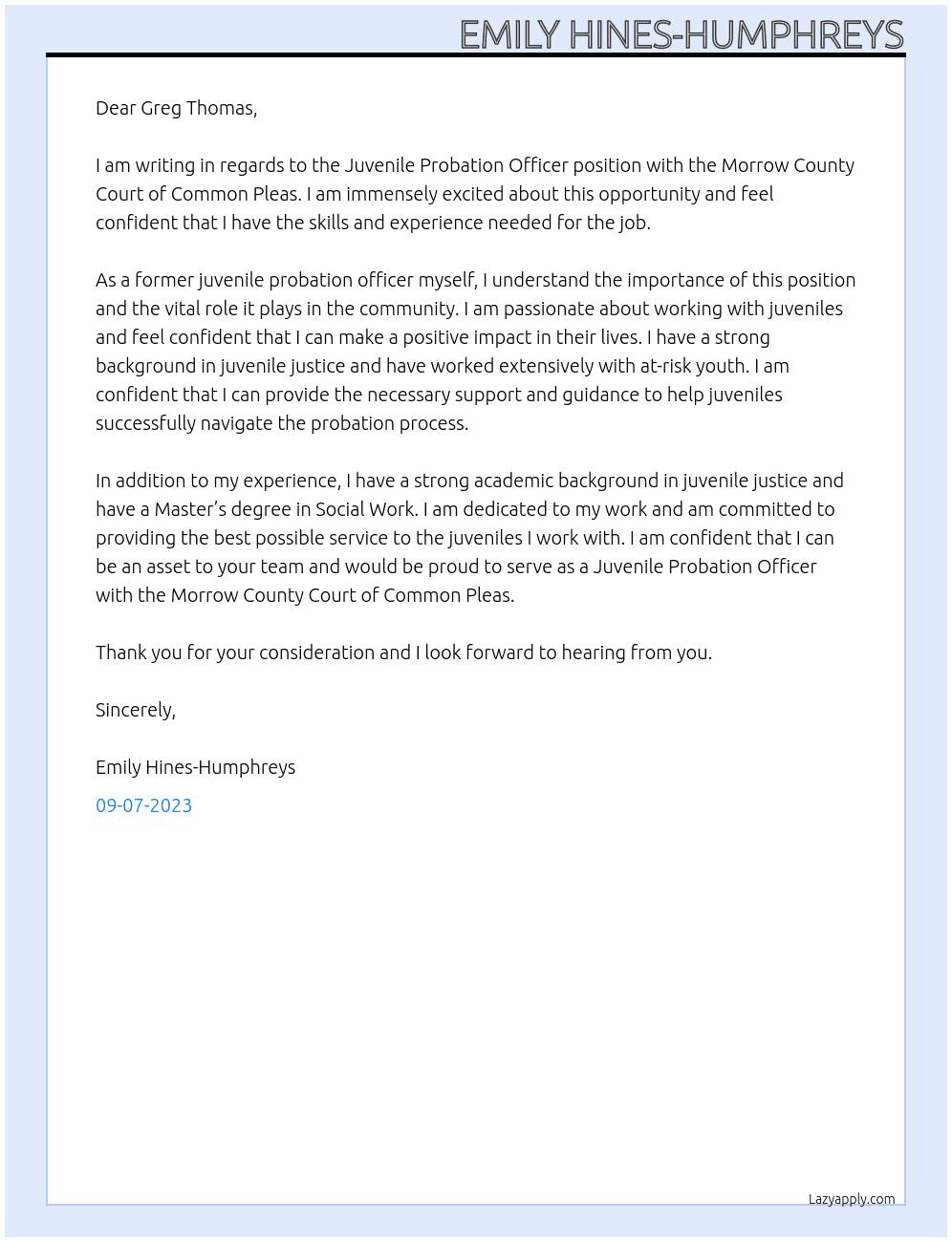 Juvenile Probation Officer  At Morrow County Court of Common Pleas  Cover Letter