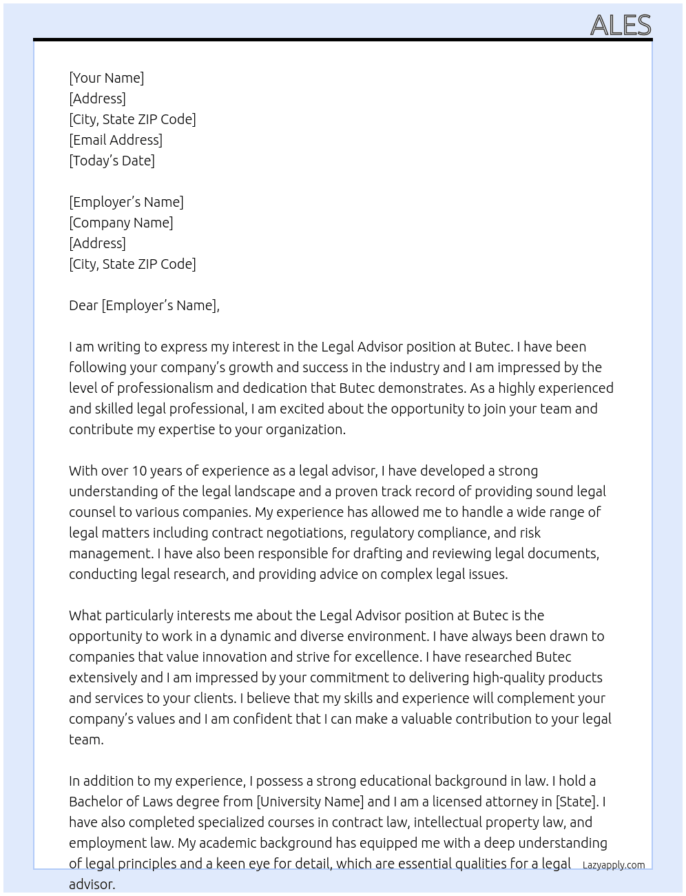Legal advisor At butec Cover Letter