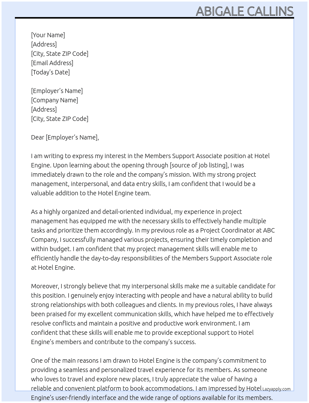 Members Support Associate At Hotel Engine Cover Letter