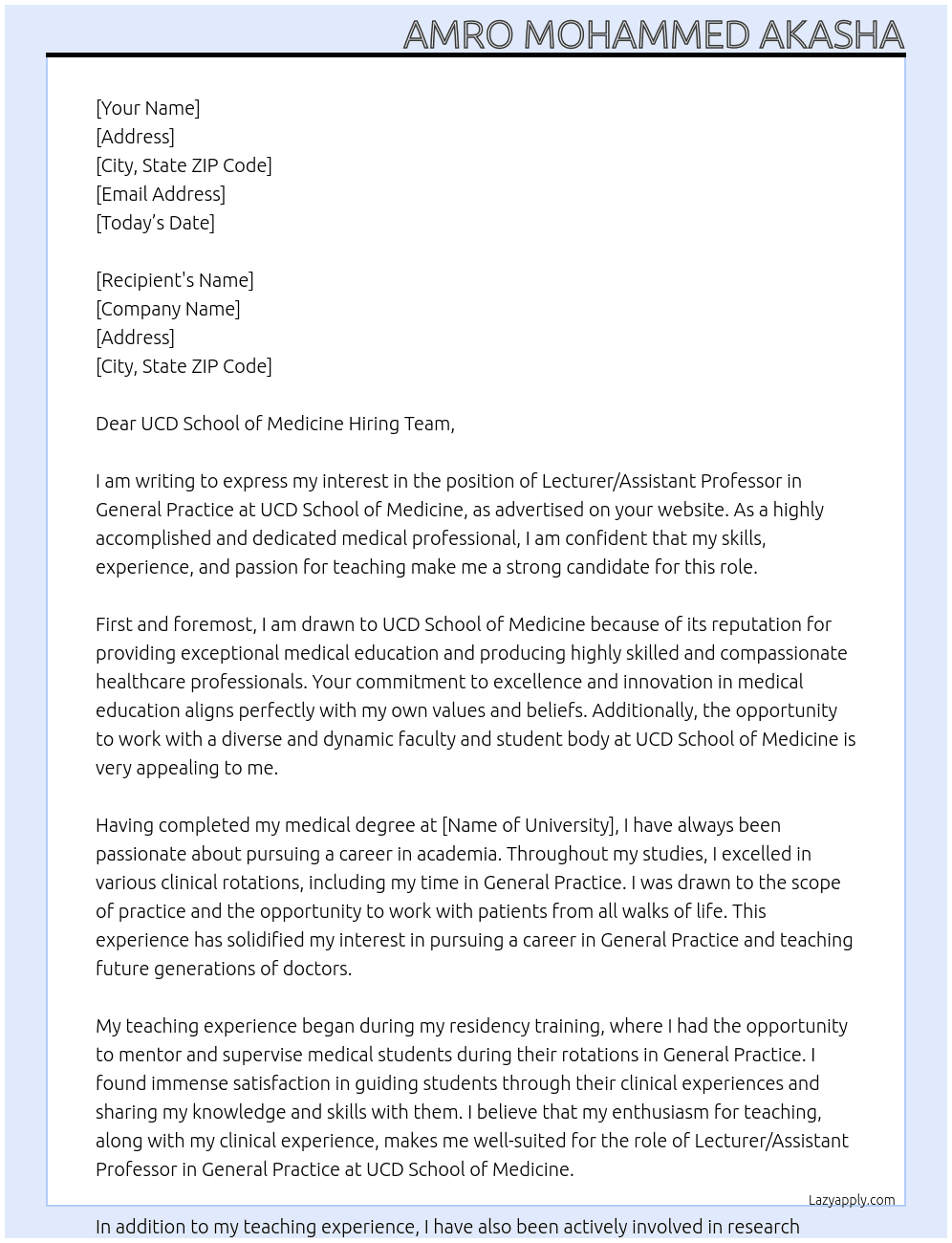 Lecturer/Assistant Professor in General Practice At UCD School of Medicine Cover Letter