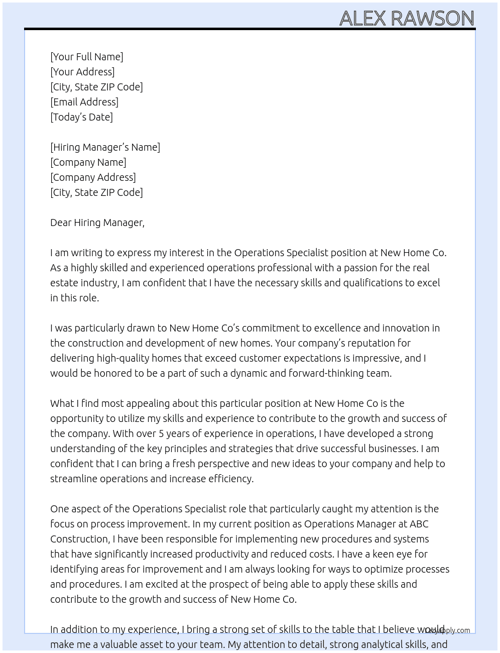 Operations specialist  At New Home Co Cover Letter