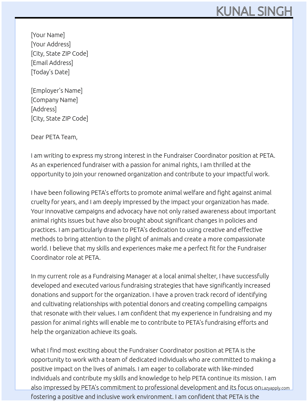 Fundraiser coordinator  At PETA  Cover Letter