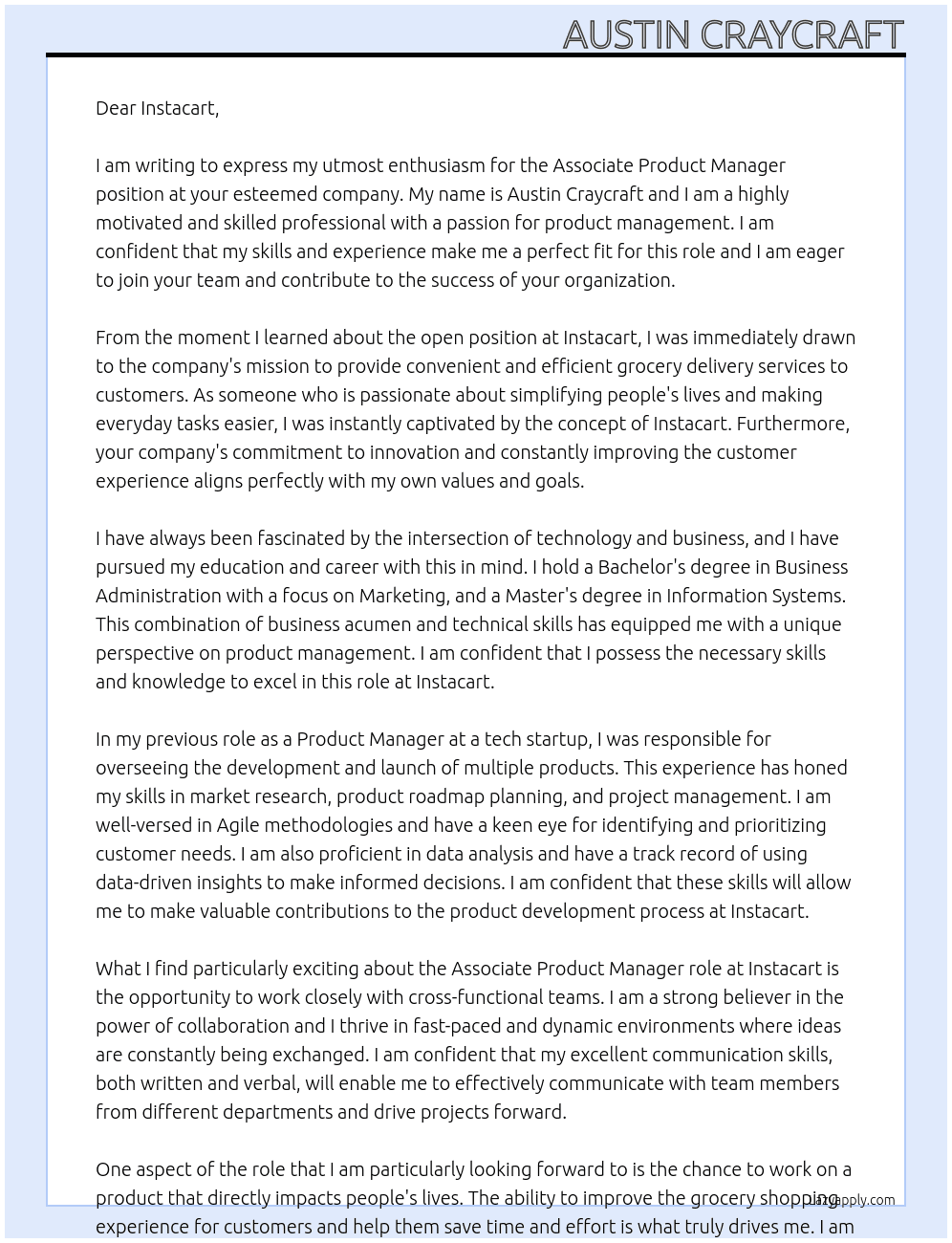 Associate Product Manager At Instacart Cover Letter
