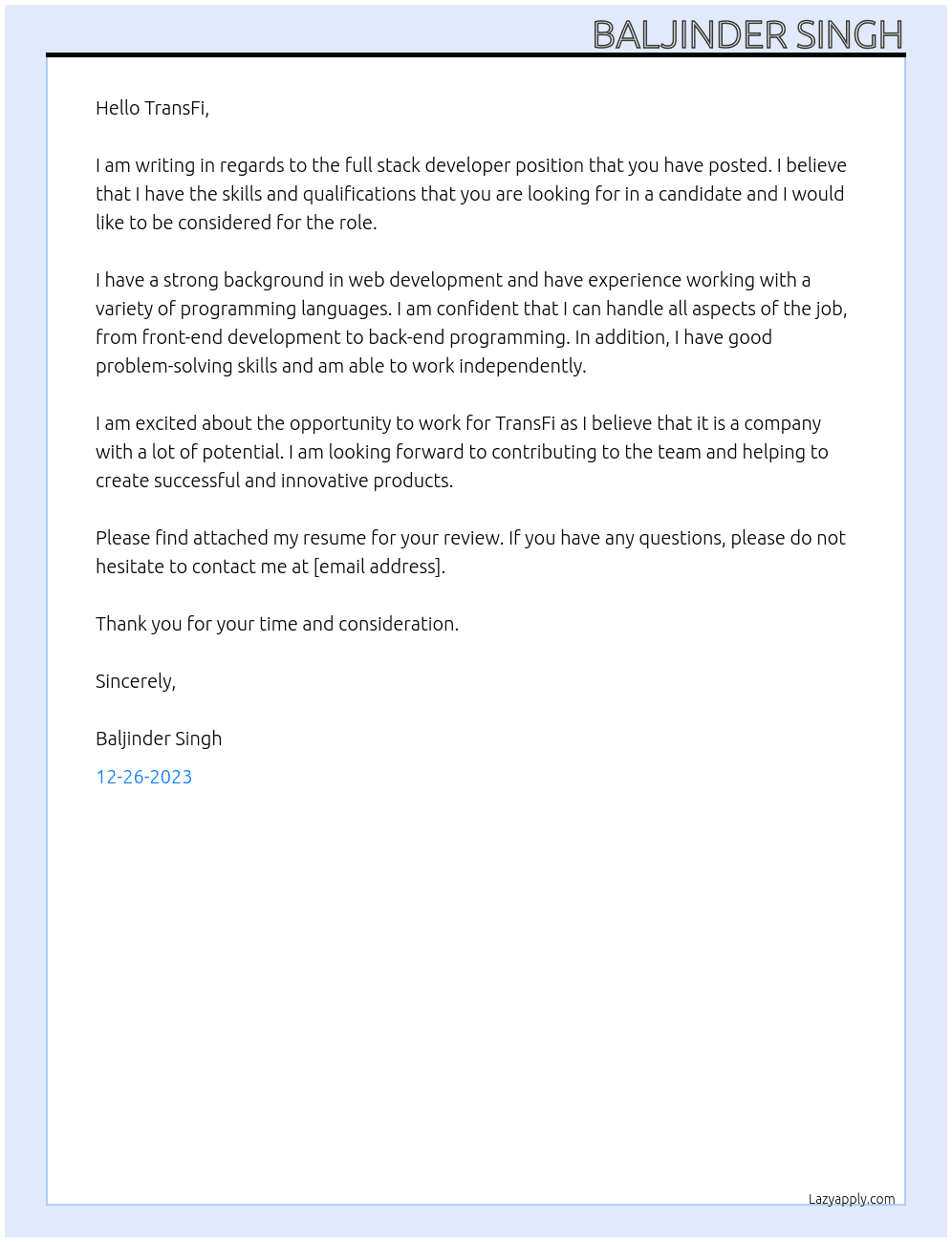 Full stack developer At TransFi Cover Letter