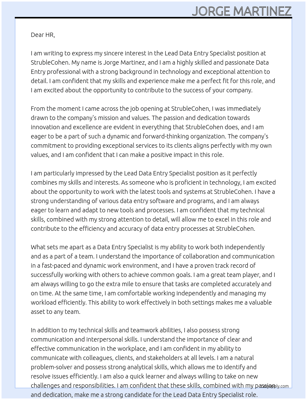 Lead Data Entry Specialist At StrubleCohen Cover Letter