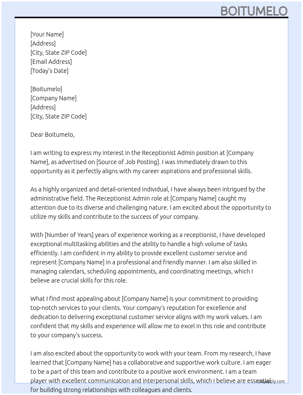 receptionist admin At boitumelo Cover Letter