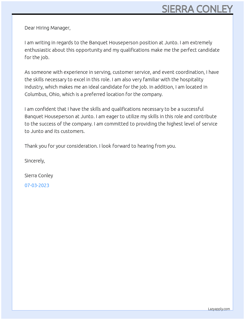 Banquet Houseperson At Junto Cover Letter