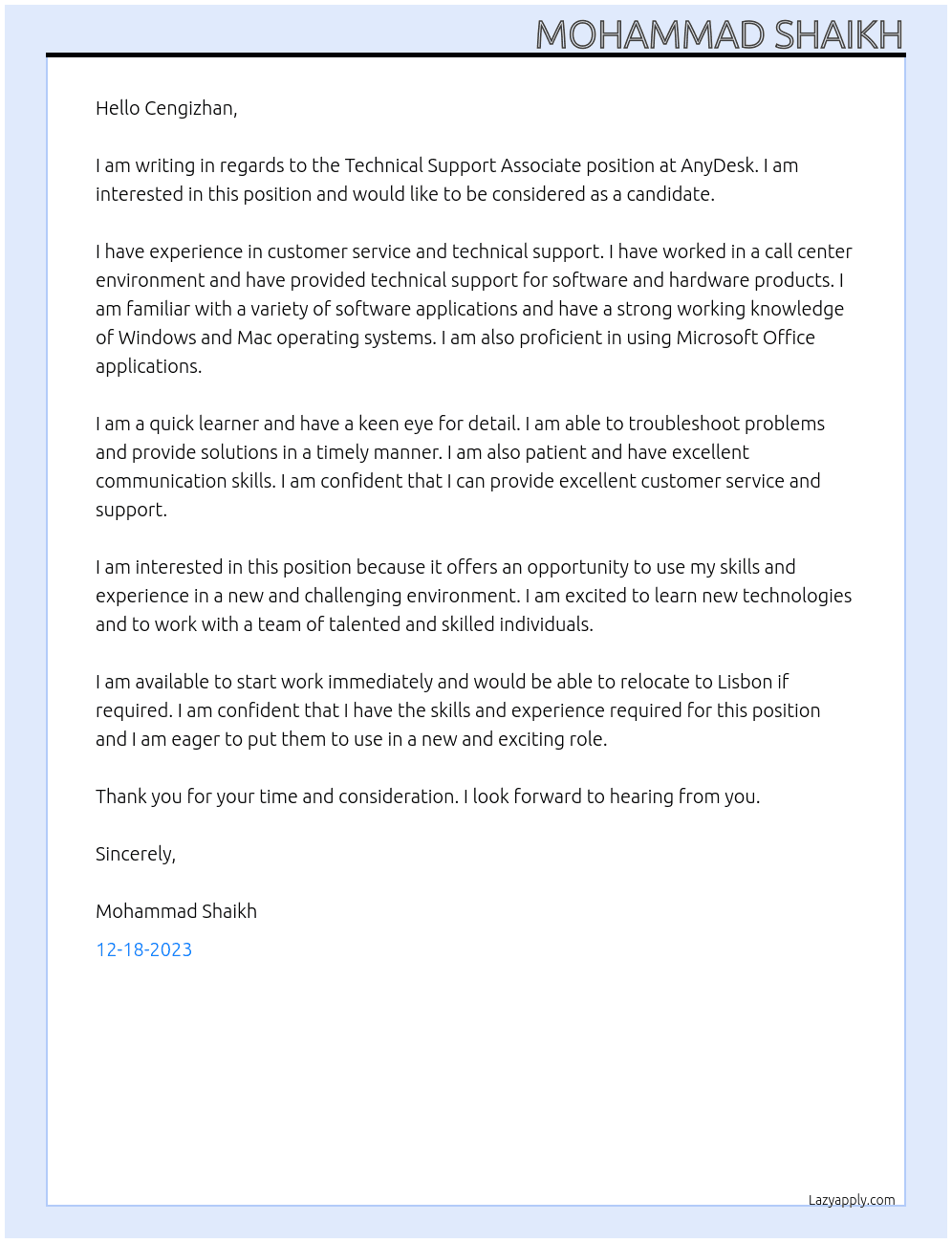 Technical Support Associate At AnyDesk Cover Letter
