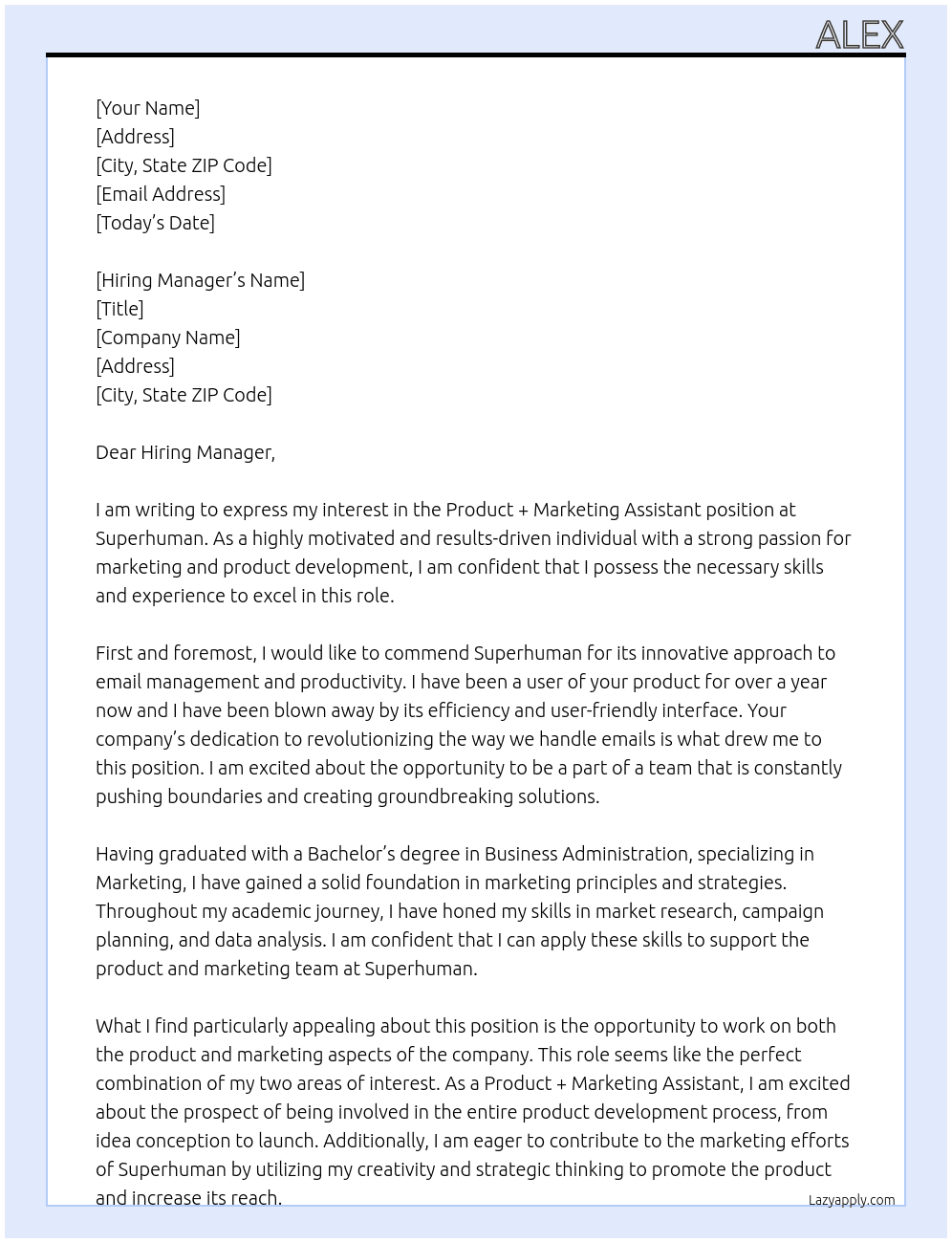 Product + Marketing Assistant At Superhuman Cover Letter