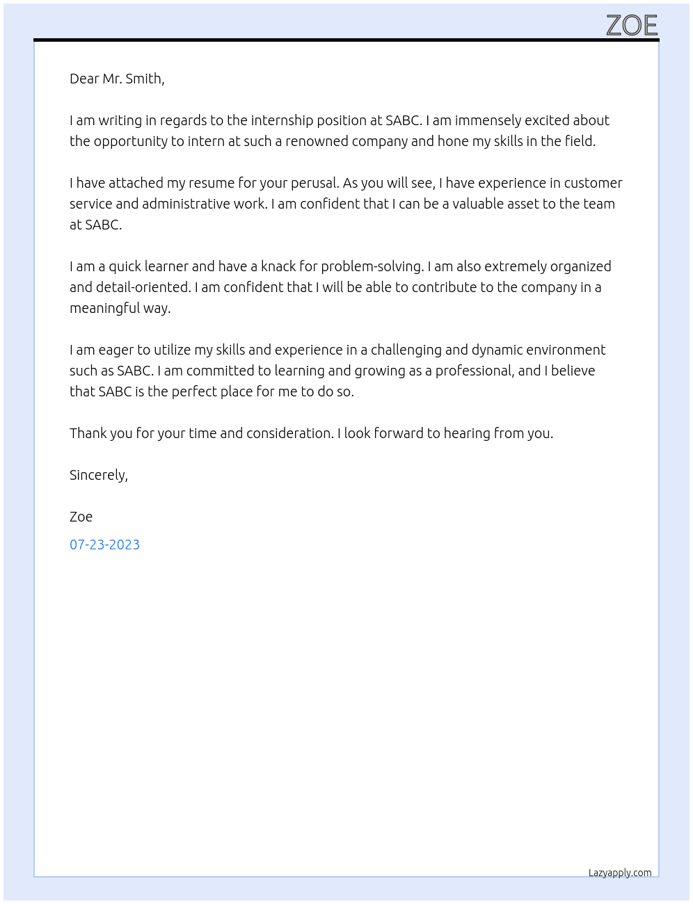 internship At SABC Cover Letter