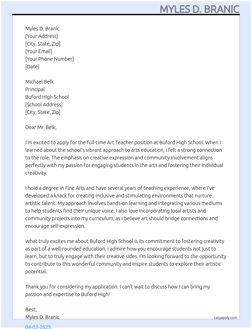 Cover letter for art teacher - LazyApply