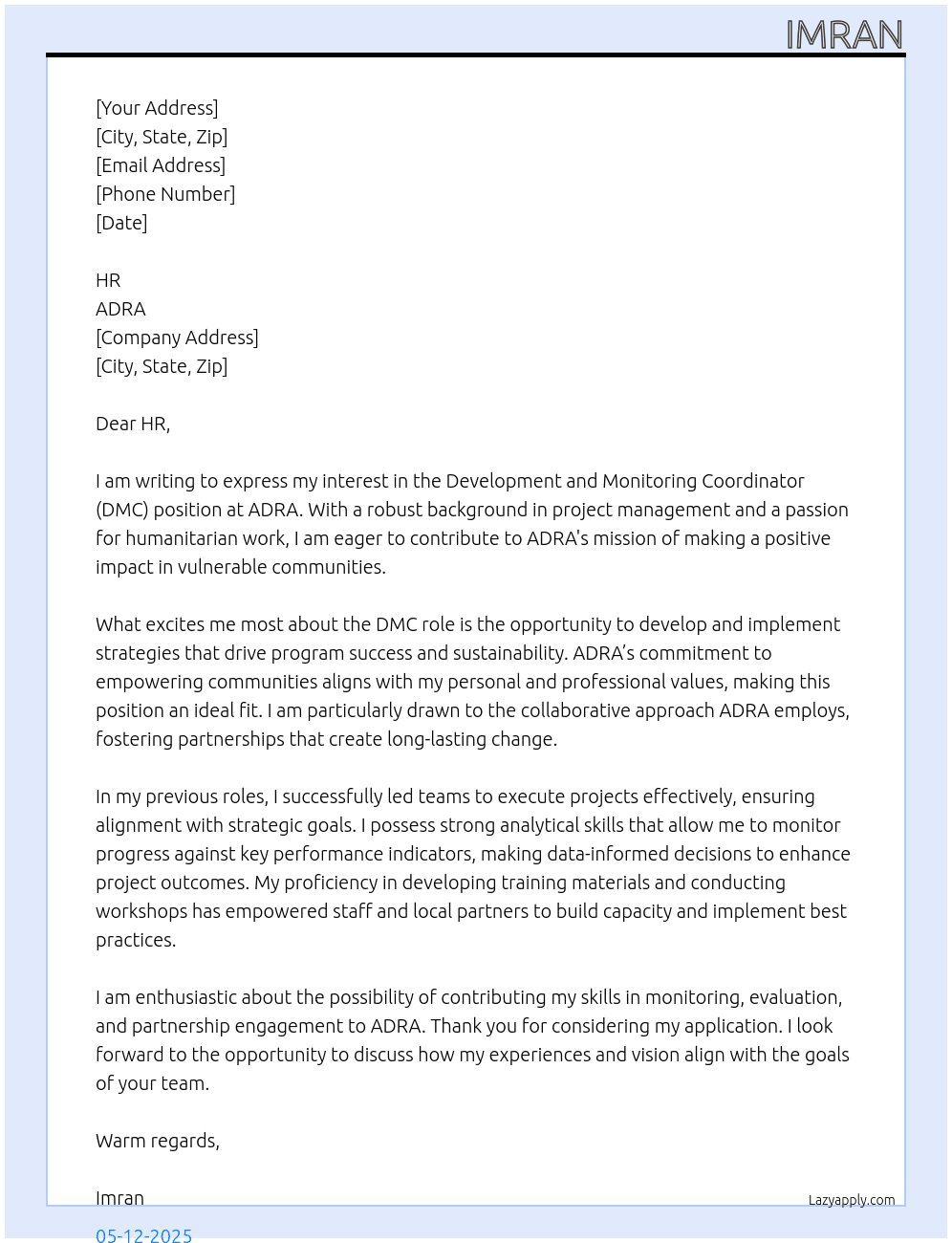 DMC At ADRA Cover Letter