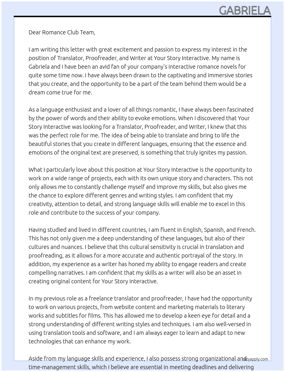 Translator, proofreader and writer At Your story Interactive Cover Letter