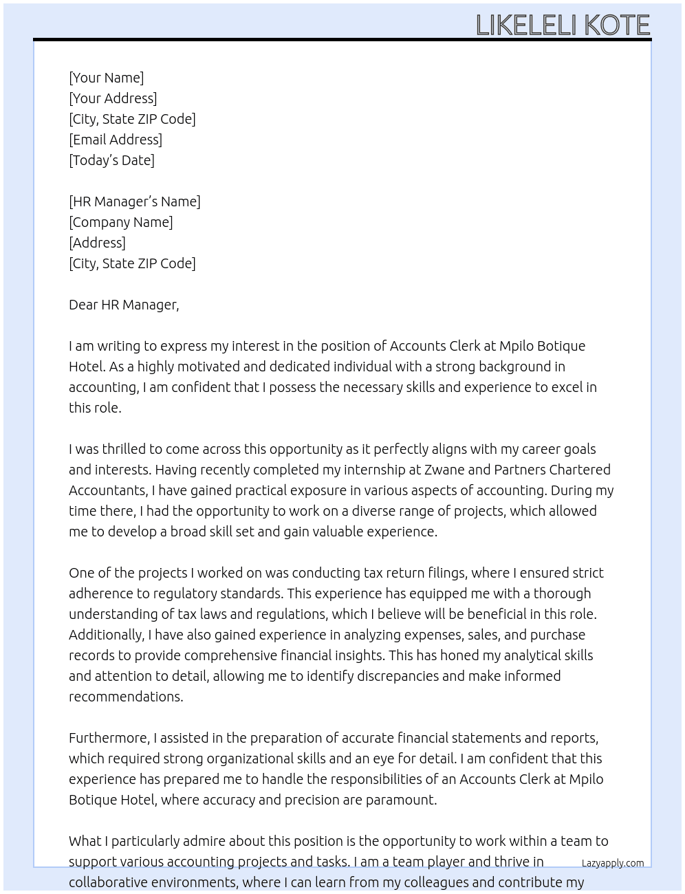 Accounts Clerk At Mpilo Botique Hotel Cover Letter