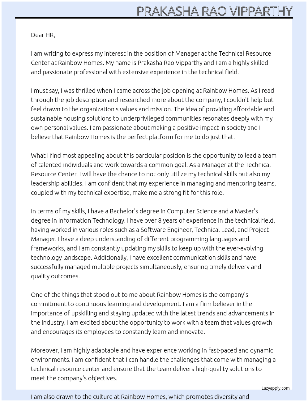 manager technical resource center At Rainbow Homes Cover Letter