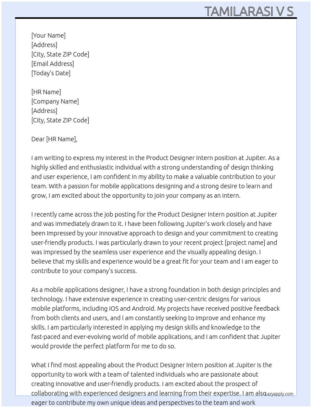 Product designer intern At Jupiter  Cover Letter