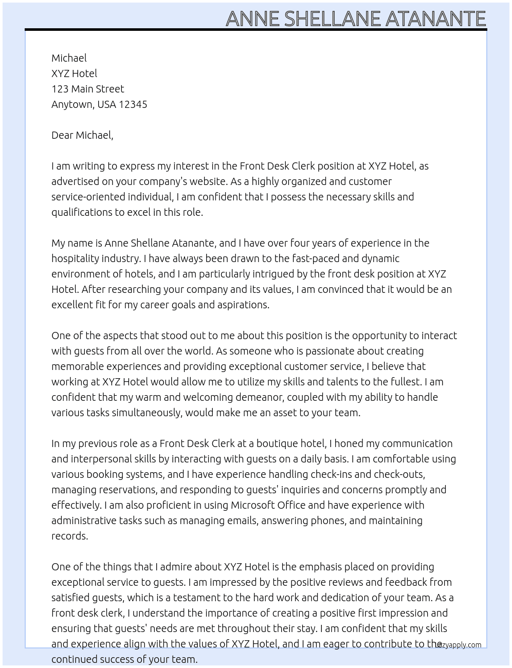 Front Desk Clerk At XYZ Hotel Cover Letter