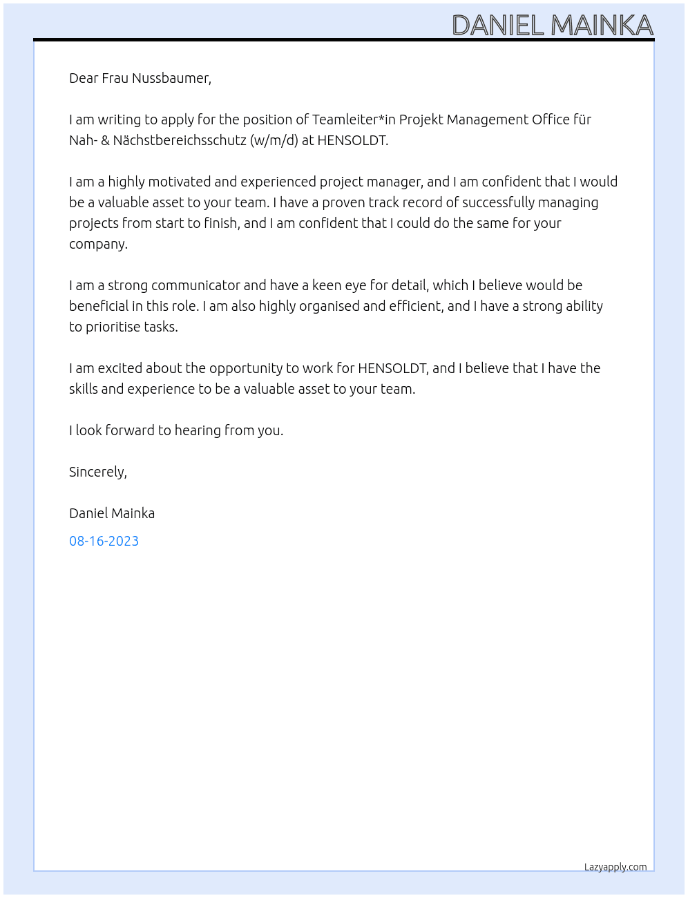 Teamleiter*in Projekt Management Office für Nah- & Nächstbereichsschutz (w/m/d) At HENSOLDT Cover Letter