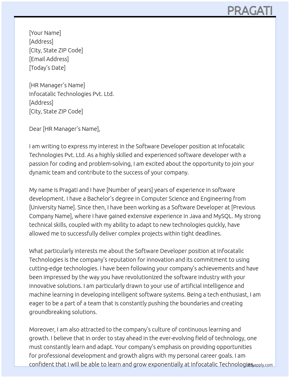 Software Developer At Infocatalic Technologies Pvt. Ltd. Cover Letter