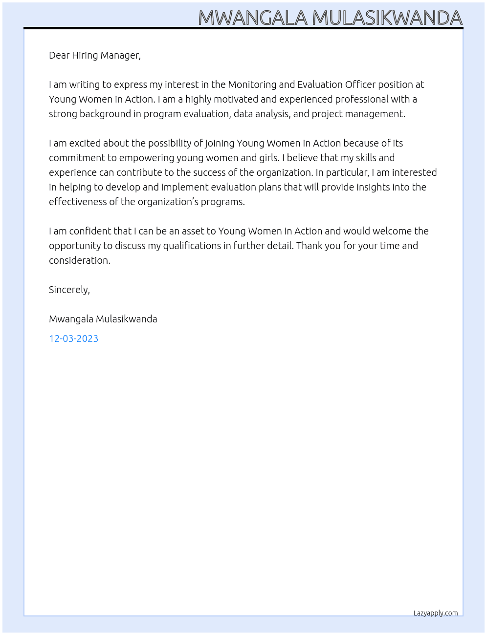 monitoring and evaluation officer officer At young women in action Cover Letter